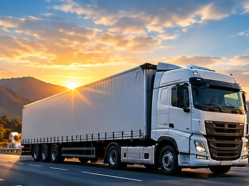 White curtain-side trailer on the highway at sunset